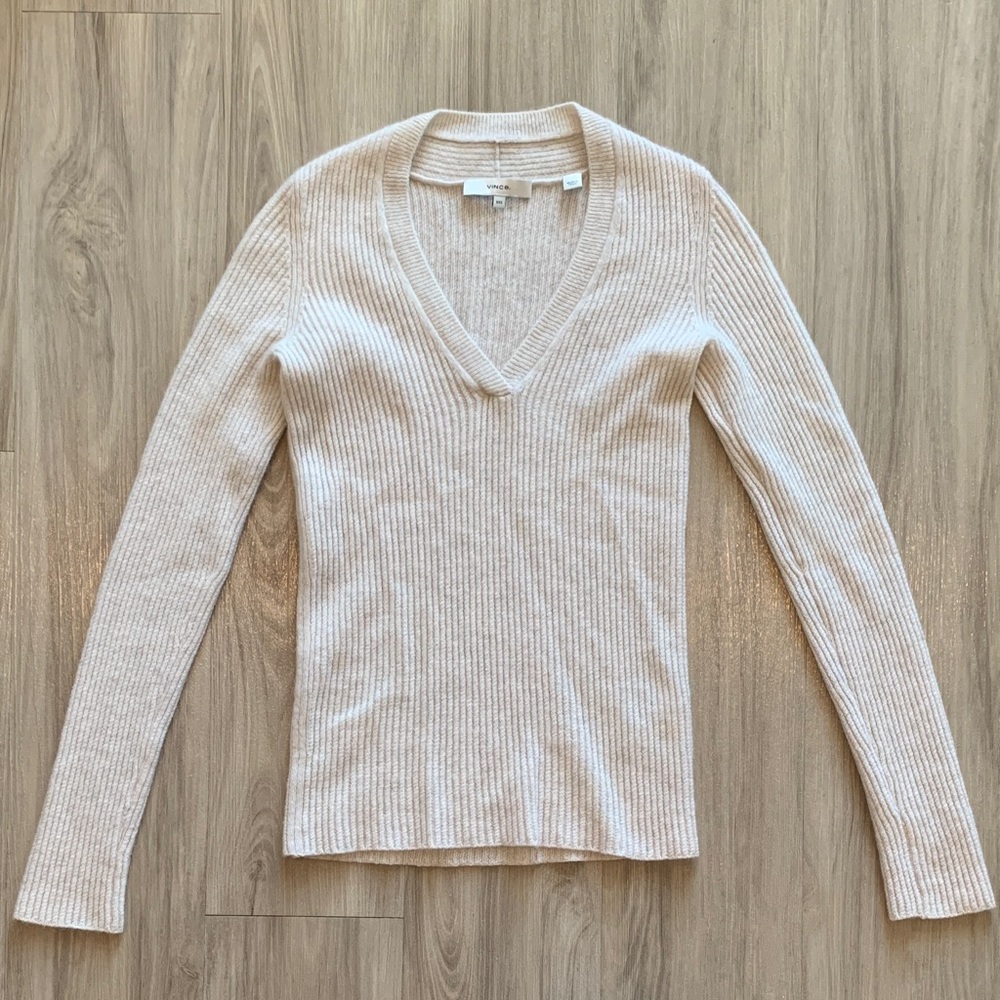 Vince V-Neck Semi Sheer Ribbed Cream 100% Cashmere Sweater - Light Beige